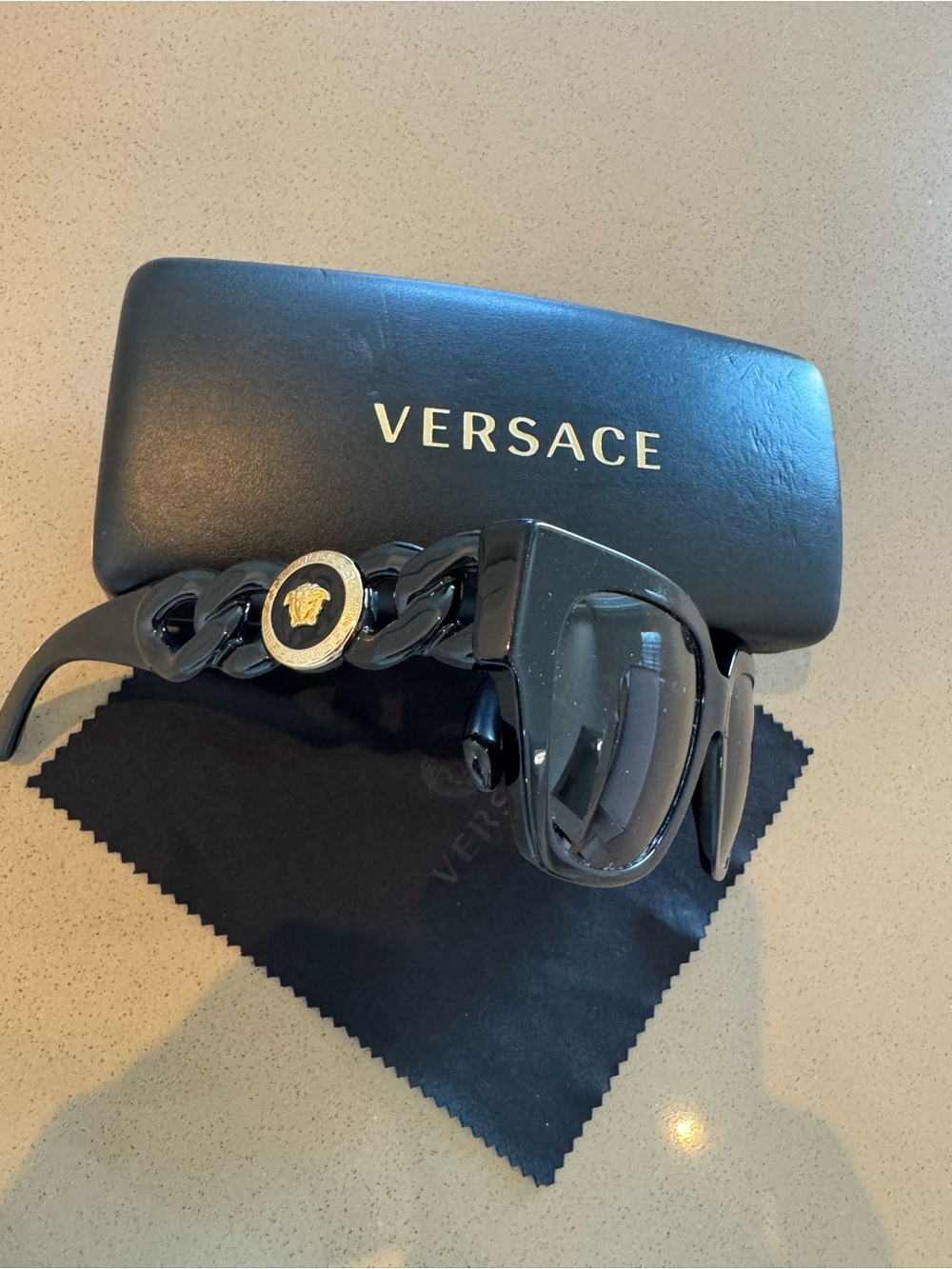 Versace Black Sunglasses with Gold Medallion Chain Arms
